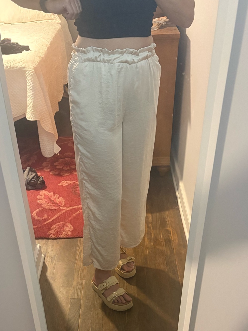 American Eagle Outfitters Cream Wide-Leg Satin Pants